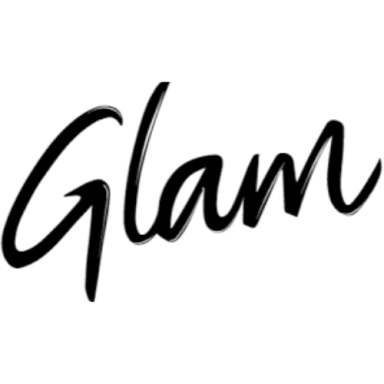 Glam.com logo. Black writing on white background.