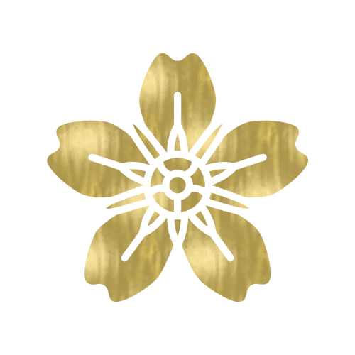 Gold floral design with six petals and a central circle.