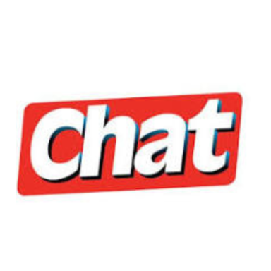 Chat logo. White writing with black outline on a red slanted rectangle